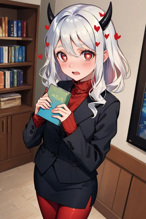 (masterpiece, best quality:1.2), cowboy shot, solo, 1girl, htmodeus, blush, open mouth, looking at viewer, holding, book, heart-shaped pupils, formal, black jacket, red sweater, turtleneck, sleeves past wrists, black skirt, red pantyhose <lora:helltaker_modeus:1.0>