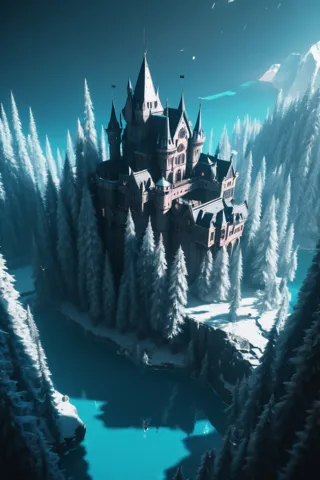 a large castle in the middle of a snowy forest