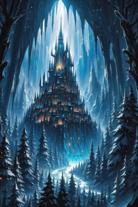 a castle in the middle of a snowy forest with trees