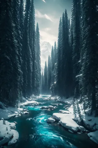 a view of a river running through a forest filled with snow