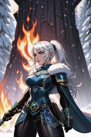 a woman in a blue outfit holding a sword in front of a fire