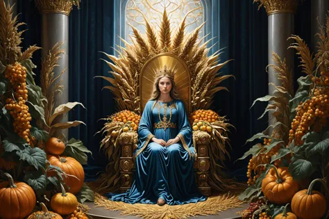 arafed image of a woman sitting on a throne surrounded by pumpkins