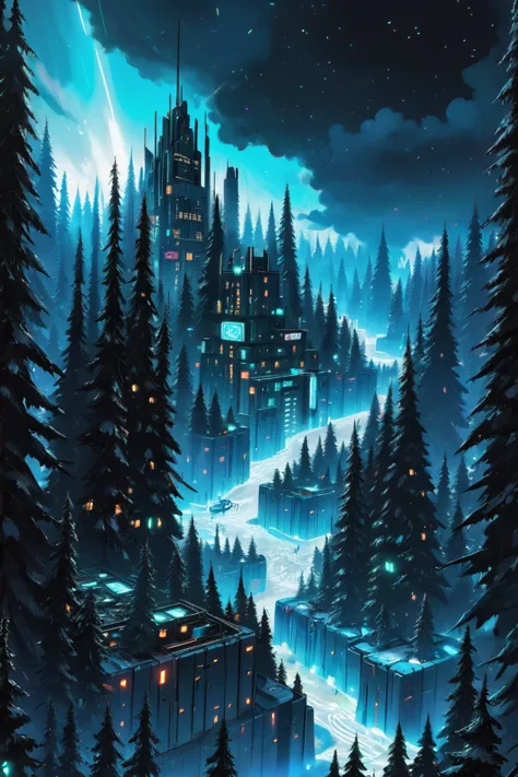 a painting of a castle in the middle of a forest at night