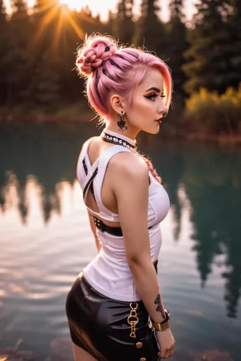 a woman with pink hair and a white top standing in front of a lake