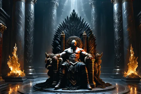 a man sitting on a throne in a dark room with flames