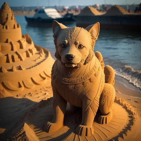 arafed dog sitting on a beach next to a sand castle