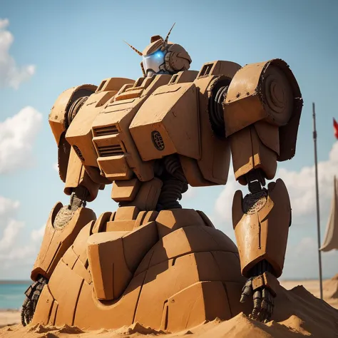 a close up of a giant robot on a beach near the ocean