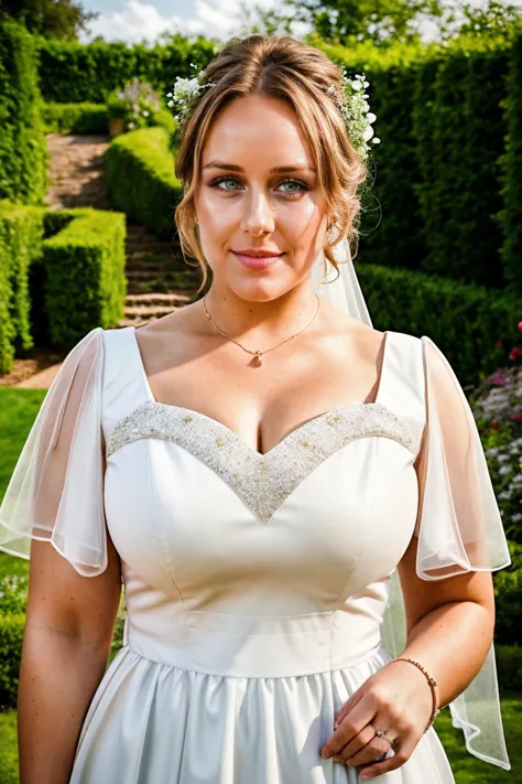 a RAW photo, portrait of ashleyrider, wearing wedding dress, garden, cinematic shot, volumetric lighting, detailed eyes and face...