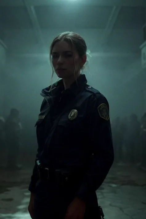 (High detail RAW Photo), portrait of a female police officer on patrol, (holding flashlight:1.2), in underground club, (dimming light:1.3), (night:1.5), (masterpiece, extremely detailed skin, photorealistic, heavy shadow, dramatic and cinematic lighting, key light, fill light), sharp focus, film grain, grainy, cinematic, detailed face, detailed skin, warm color, mist, soviet, (freckles:0.7),  <lora:add_detail:0.5>, <lora:Better Portrait Lighting:0.5>,  <lora:epiCRealismHelper:0.6>, imperfect skin,  <lora:UndergroundClub:0.5>, undergroundclub