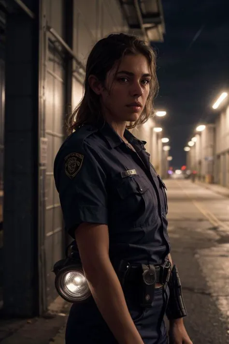 (High detail RAW Photo), photo of a female police officer on patrol, (holding flashlight:1.2), in a industrial zone, (dimming li...