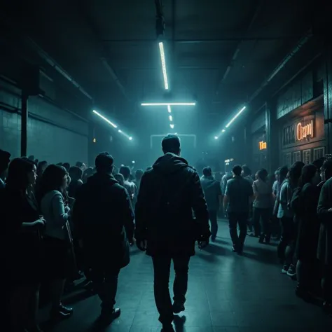 a group of people standing in a dark hallway with neon lights