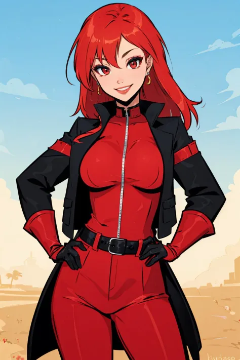 (masterpiece, best quality:1.2),  <lora:hugotendaz:1>, hugotendaz, 1girl, gloves, solo, red eyes, red gloves, jewelry, earrings, jacket, smile, hand on hip, long hair, belt, black jacket, looking at viewer, breasts, makeup