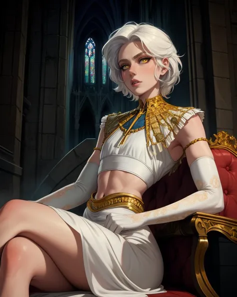 Gwyndolin,white hair,lips,androgynous,yellow eyes,flat chest,
gold jewelry,white elbow gloves,white dress,midriff,navel,
snake l...