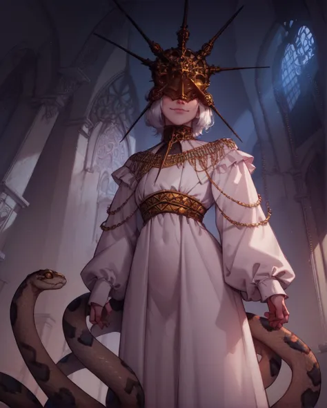 score_9,score_8_up,score_7_up,score_6_up,
Gwyndolin,white hair,flat chest,gold mask,covered eyes,
gold jewelry,white dress,long sleeves,light smile,
cathedral,moonlight,night,
standing,from below,snake legs,
<lora:Gwyndolin:1>,