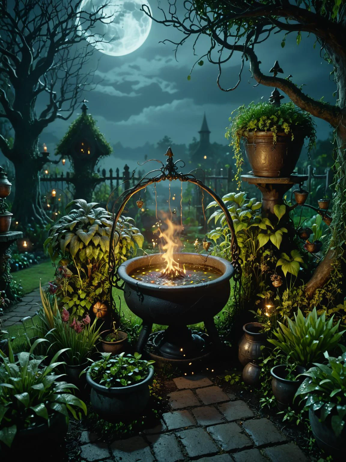 Fantasía oscura, Oscuro, misterioso jardín por la noche, perteneciente a una bruja, lleno de extraño, Plantas mágicas y un caldero burbujeante bajo la luz de la luna., cinematográfico, Intrincado, ultra detallado, 8K, HD,