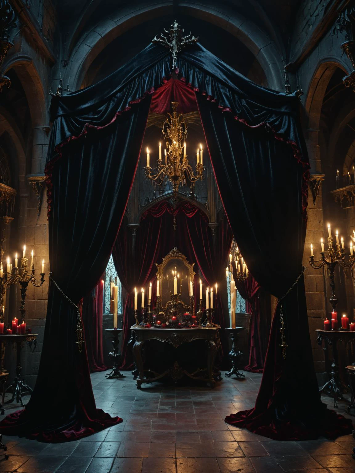 dark fantasy, An opulent yet sinister vampire's lair, with rich, dark velvet drapes, flickering candles, and a sense of lurking danger, cinematic, intricate, ultra detailed, 8k, uhd,
