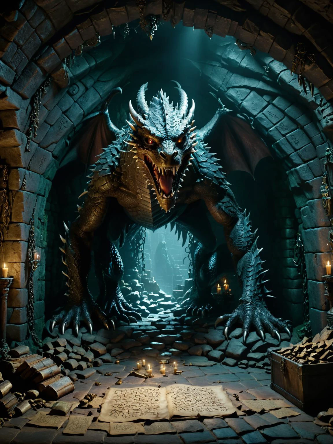 dark fantasy, A dark, cavernous lair of a sleeping dragon, with piles of treasure casting eerie shadows and ancient runes etched into the walls, cinematic, intricate, ultra detailed, 8k, uhd,