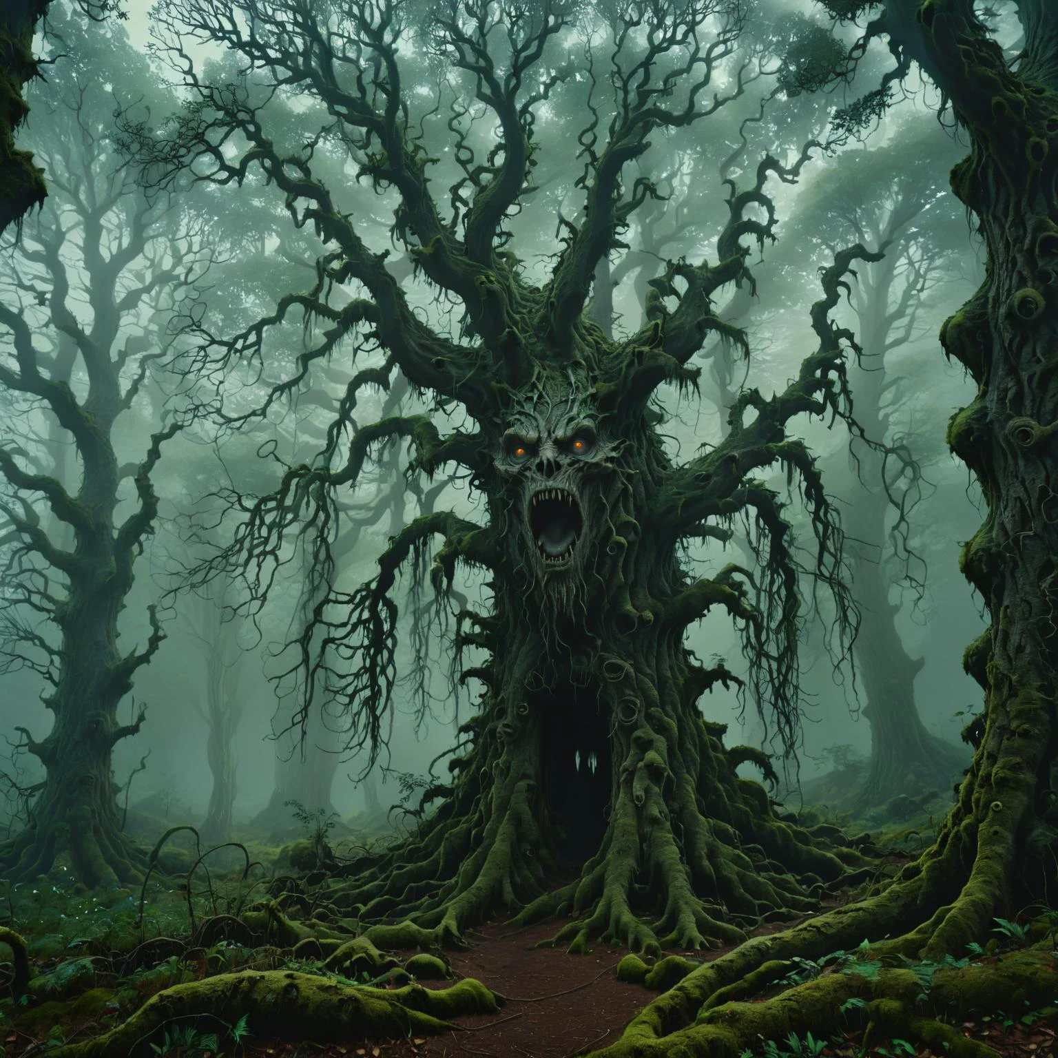 темная фантазия, жуткий, зачарованный лес с корявыми деревьями, туман струится сквозь подлесок, и слабо светящиеся глаза, выглядывающие из тени, кинематографический, сложный, Ультра подробный, 8К, UHD,