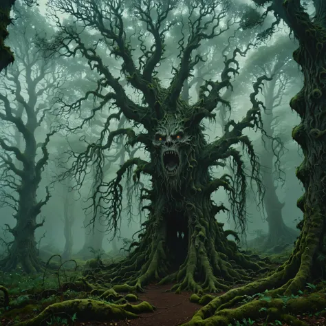 dark fantasy, <lora:JuggerCineXL2:0.8>,<lora:dark_fantasy_art:1>,<lora:xl_more_art-full_v1:0.7>,An eerie, enchanted forest with ...