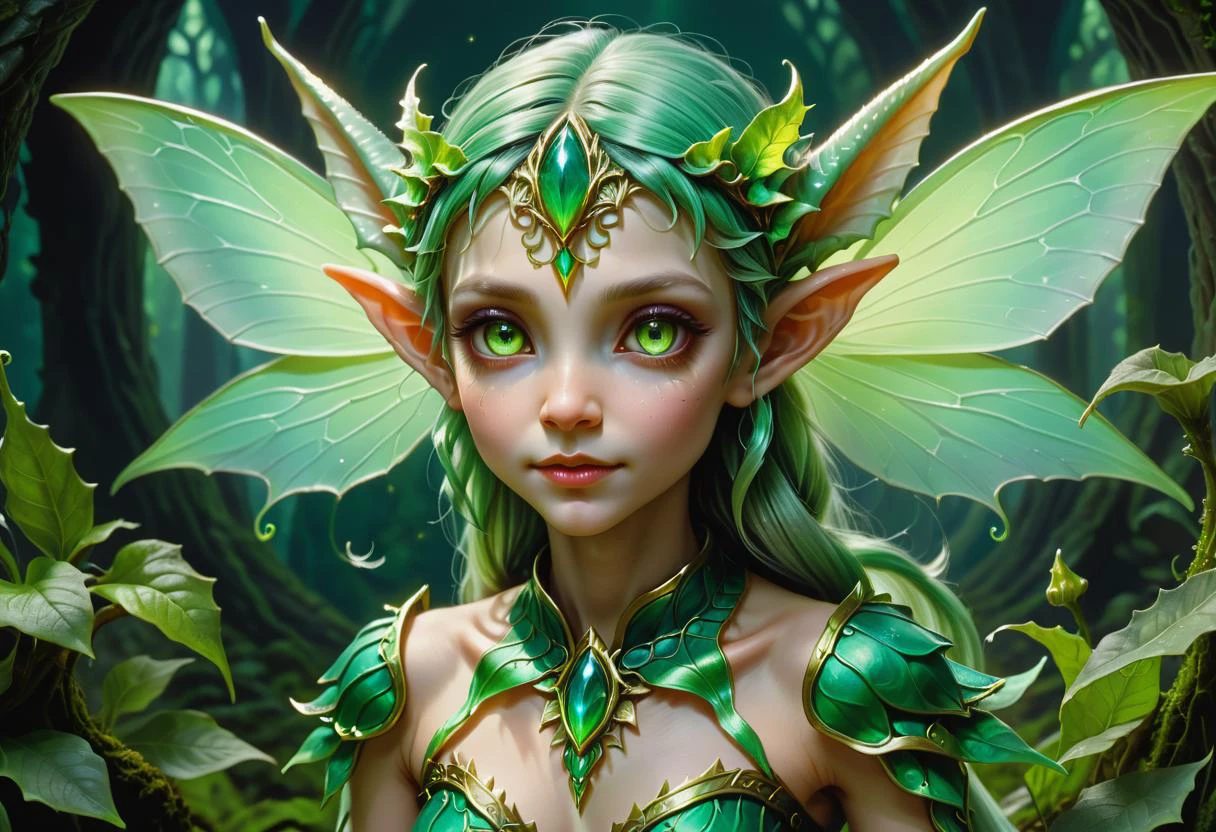 hyper detailed masterpiece, dynamic, awesome quality, gorgon, tiny fairy elf like creature, baby, otherworldly ethereal glow, distinctive captivating eyes, facial features that convey an otherworldly charm, transformation elf like pointed ears, enchanted ethereal clothing, mischievous   dark fantasy