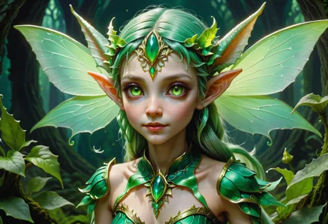 hyper detailed masterpiece, dynamic, awesome quality, gorgon, tiny fairy elf like creature, baby, otherworldly ethereal glow, di...