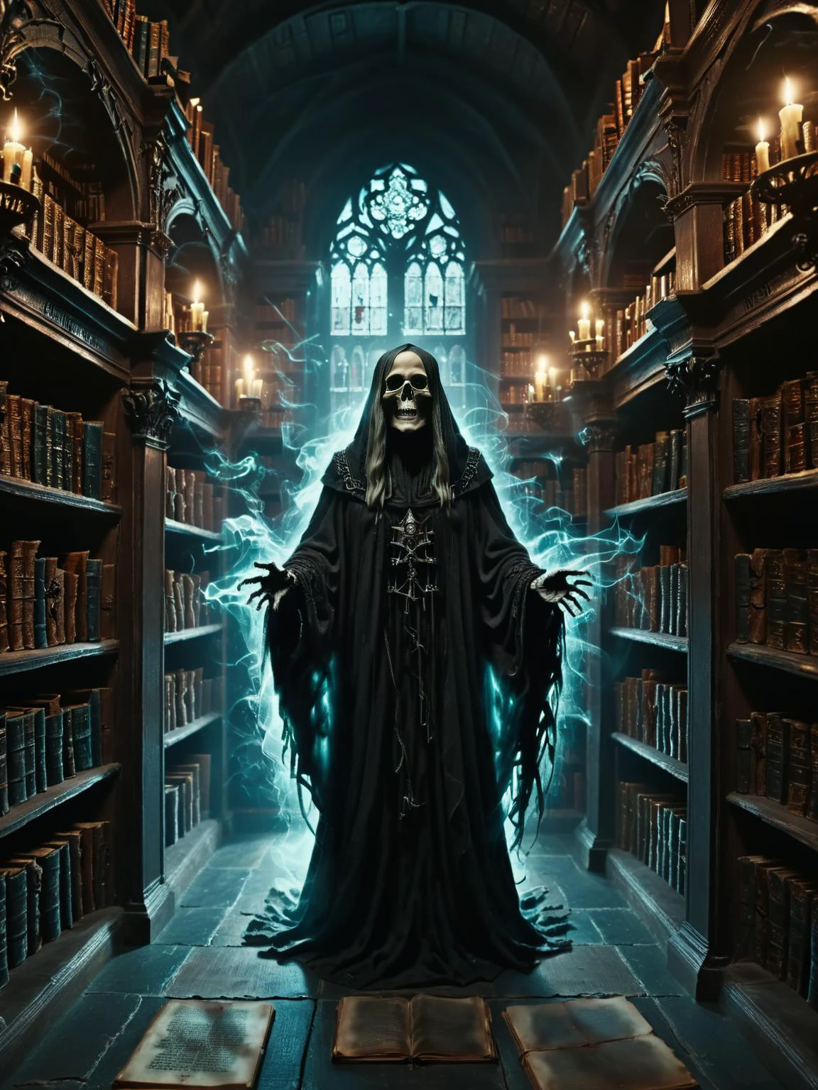 다크 판타지, 유령스타일,네크로맨서의 어두컴컴한 도서관, 고대의 선반이 있는, 금지된 책, 어둠의 마법으로 빛나는, 그리고 더미 사이에 숨어있는 그림자 같은 인물들, 시네마틱, 뒤얽힌, 매우 상세한, 8K, UHD,