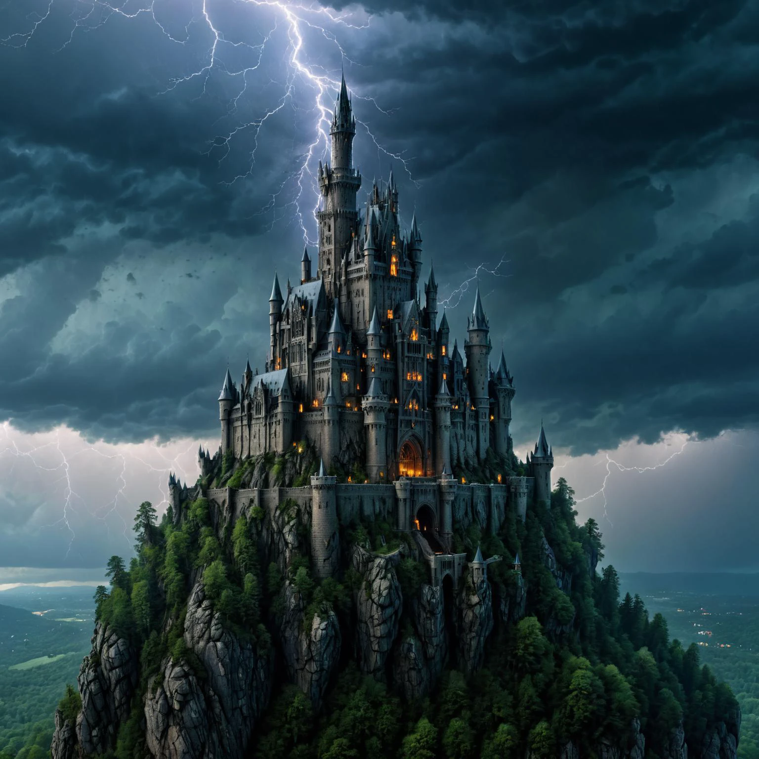 dark fantasy, cinematic, intricate, ultra detailed, 8k, uhd A towering gothic castle perched on a cliff, under a stormy sky with lightning, surrounded by a dark, foreboding forest