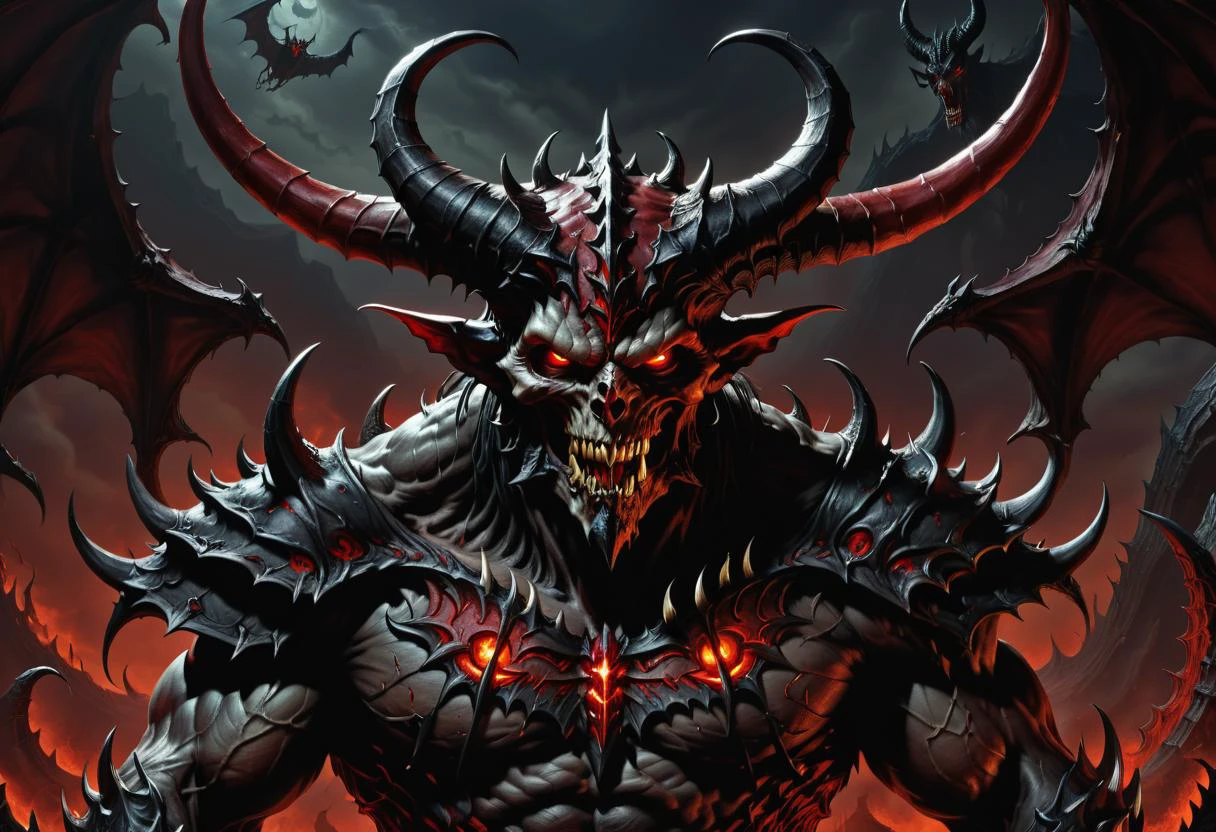 hyper detailed masterpiece, dynamic, awesome quality, diablo, large menacing demon, horned demonic appearance, red and dark colored leathery skin, formidable powers, lord of terror, powerful, malevolent   dark fantasy