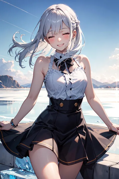 1girl, close  eyes,silver hair,,smile, beautiful lighting, best quality, masterpiece, ultra highres, ice, (sky background:1.4), ...