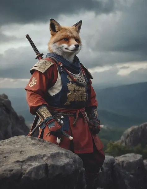 cinematic photography closeup portrait of an anthropomorphized fox samurai warrior on a rocky ledge under a dramatic sky