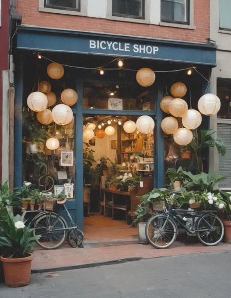 bicycle shop storefront with paper lanterns and plants