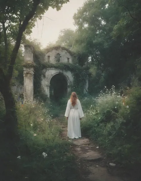 cinematic photography of a mystical landscape faerie realm with a lithe figure in white robes faint glow and sparkles on the side of a broken overgrown path with crumbled ruins and ivy and wildflowers mysterious and magical