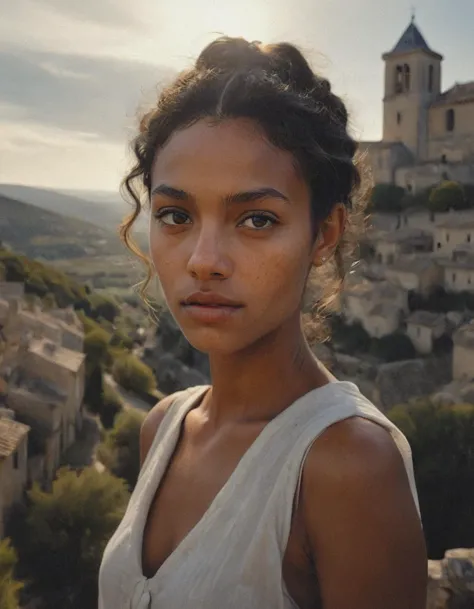 cinematic photography closeup biracial French model portrait by Max Rive and Ryan Dyar in Gordes Provence