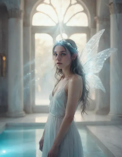 cinematic photography portrait of beautiful shy fairy looking away with gossamer wings in a white marble temple with luminous pool light dust and magical glowing trails of an enchanted fantasy realm iridescent aura