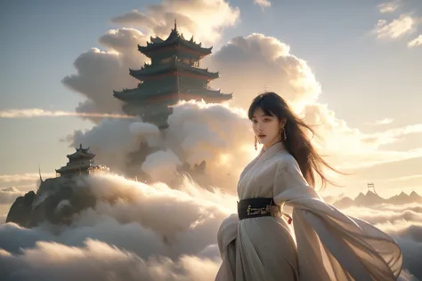 a woman in a white dress standing on top of a mountain