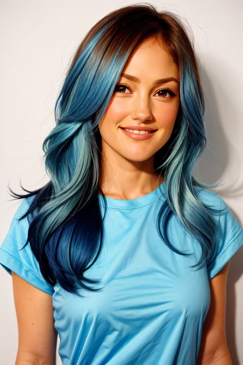 (medium shot:1.2), <lora:sd15_locon_MinkaKelly_24_v1.0:.9> MinkaKelly_. grinning, Powder Light Blue hair styled as Straight Deep Side Part