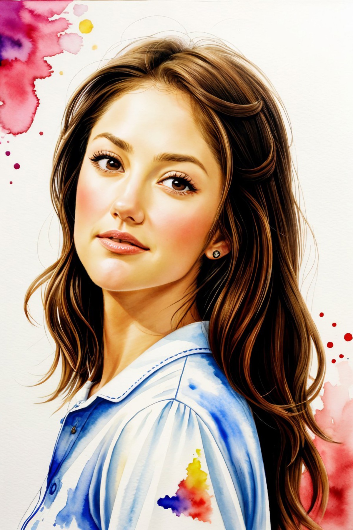 A painting of a woman with long hair and a blue shirt - SeaArt AI