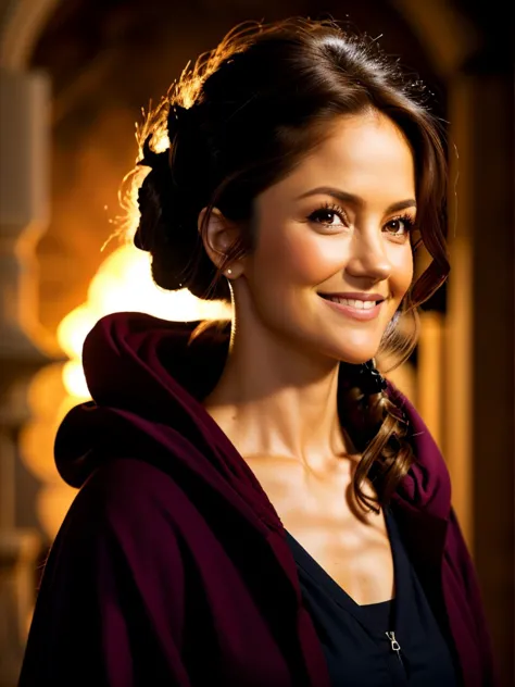 headshot photo of <lora:sd15_locon_MinkaKelly_24_v1-000014:.9> MinkaKelly, focus on smiling face, wearing a mage robe , her hair is styled as big blowout,