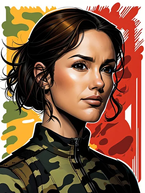 (comic, graphic illustration, comic art, graphic novel art, vibrant, highly detailed:1.15), headshot <lora:sd15_locon_MinkaKelly_24_v1-000014:.9> MinkaKelly, focus on face, wearing camo , her hair is styled as asymmetrical hair,