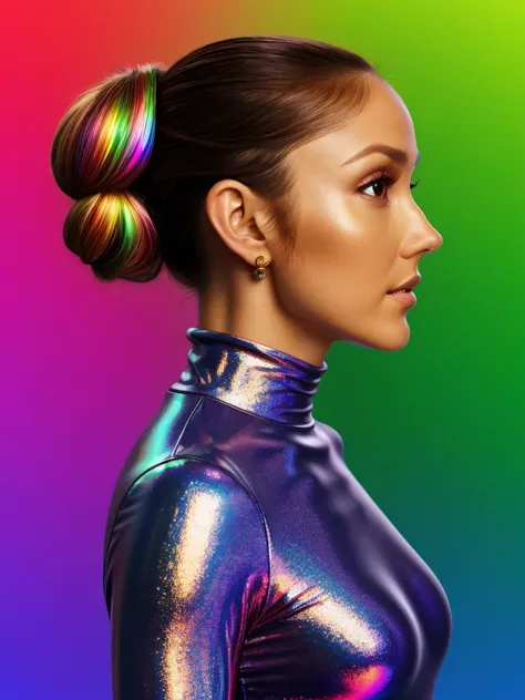 a woman with a ponytail in a shiny top and a rainbow background