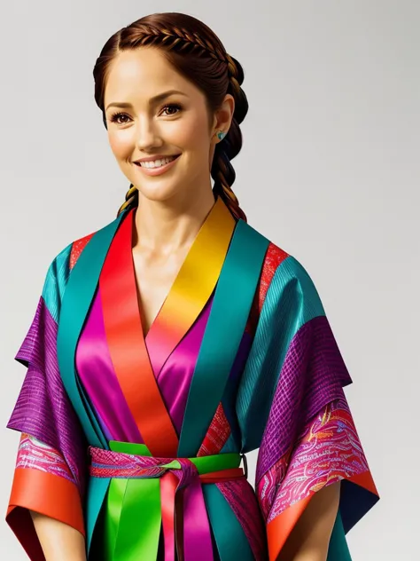 a close up of a woman wearing a colorful robe and smiling