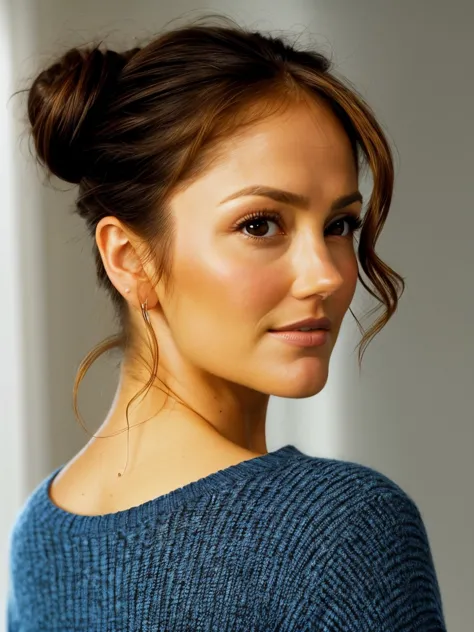 a close up of a woman with a blue sweater and a hair bun