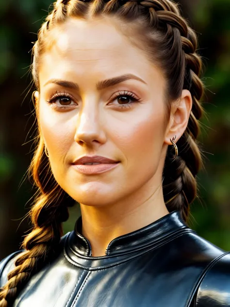 a close up of a woman with a braid in her hair