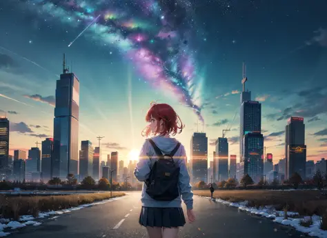 best quality, masterpiece, kat, winter, from behind, cyberpunk, neon city, cityscape, (starry sky:1.1), focus sky, detailed refl...