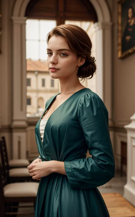 a woman in a green dress standing in a room