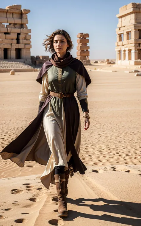 a woman in a long dress and cape walking across a desert