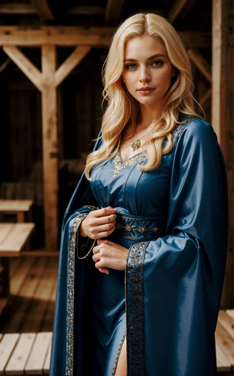 a woman in a blue robe standing in a wooden room