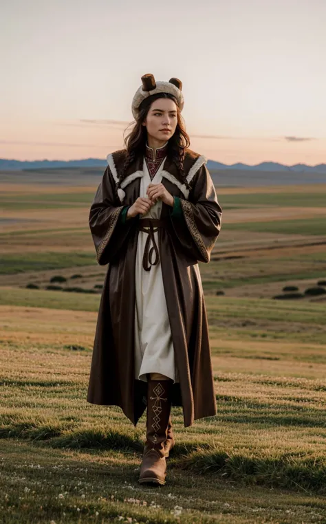 a woman in a brown coat and hat standing in a field