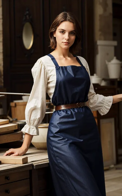 arafed woman in a blue apron standing in a kitchen