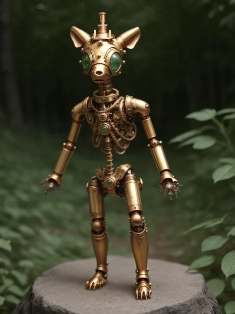 there is a gold robot that is standing on a rock